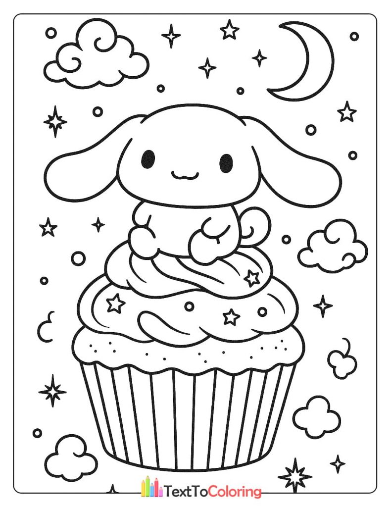 A black and white Cinnamoroll coloring page with the character sitting on a large cupcake, surrounded by stars, a moon, and clouds.