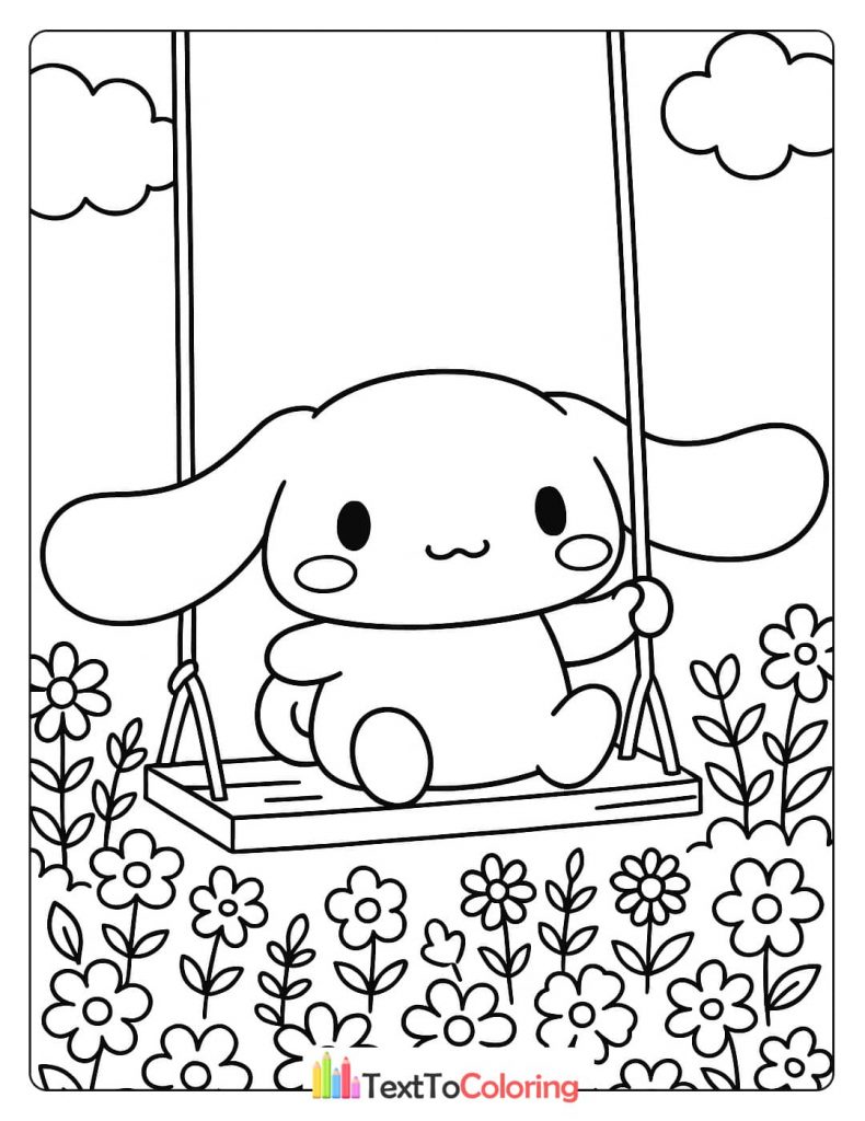 A black and white Cinnamoroll coloring page of the character sitting on a swing, surrounded by a garden of flowers.