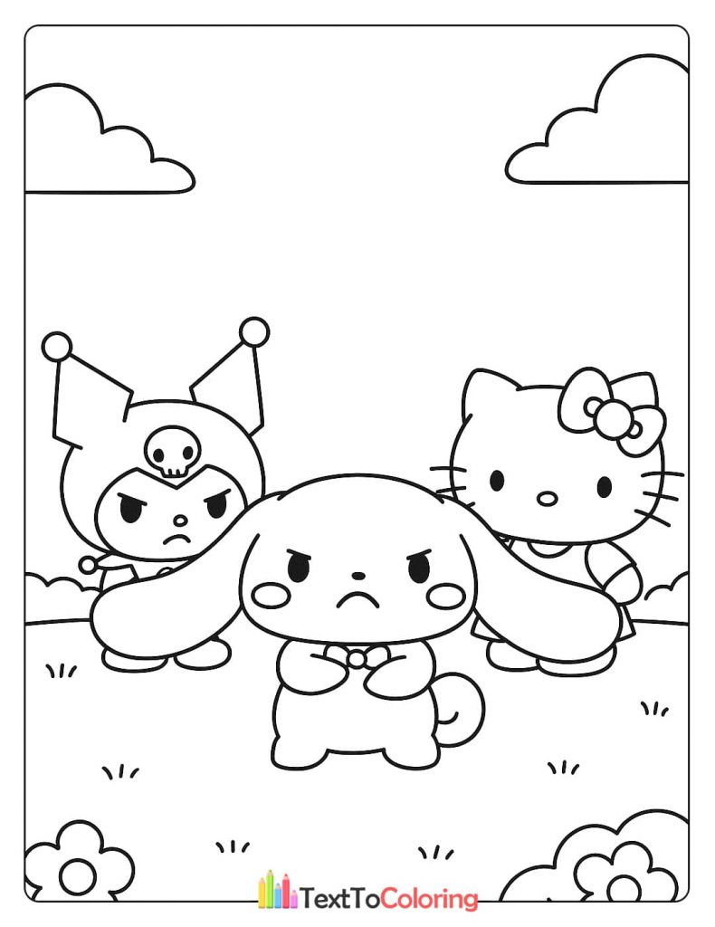A Cinnamoroll coloring page showing the character with an angry expression, standing between Hello Kitty and Kuromi who also look unhappy.