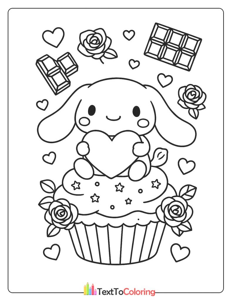 A Cinnamoroll coloring page showing the character sitting on a cupcake, holding a heart, with hearts, roses, and chocolate bars around.