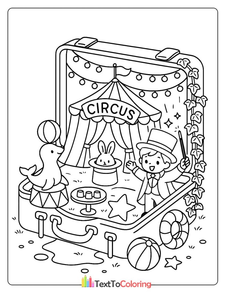 A coloring page of a magician performing a magic show inside a suitcase circus.