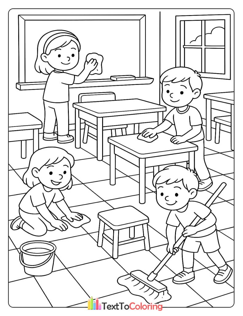 Coloring page of students cleaning desks and tidying the classroom.