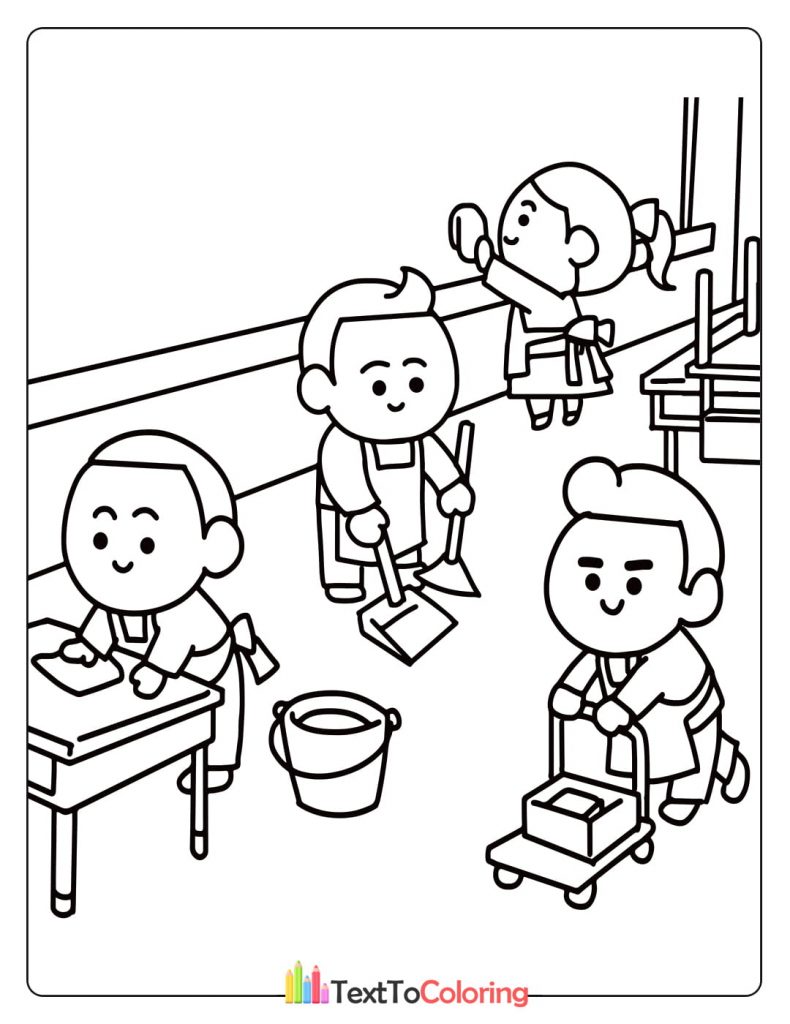 Coloring page of students sitting at desks and teacher leading the class.