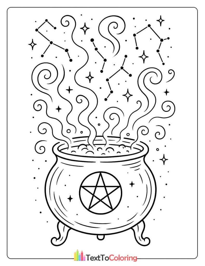A line art drawing of a large cauldron bubbling over with magic. The smoke from the cauldron swirls up into the sky to form various constellations, with a large pentacle on the pot.