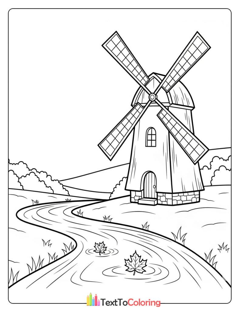 Winding path leading to a windmill in a quiet countryside scene.