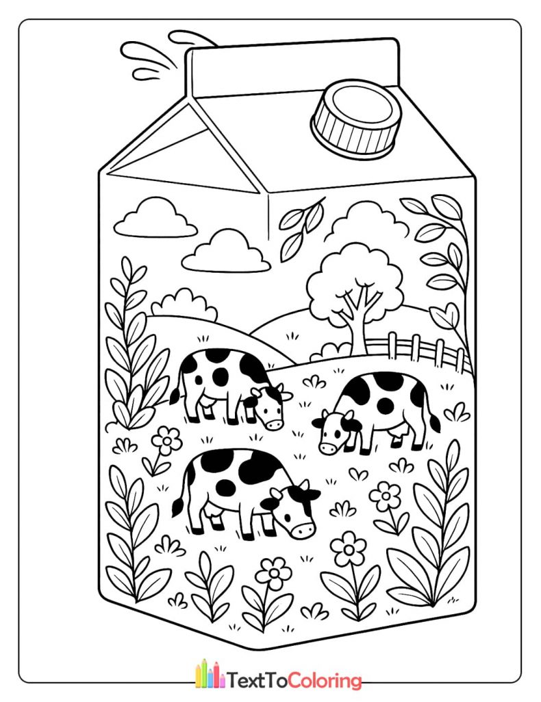 A coloring page of a tiny farm with three cows inside a milk carton.