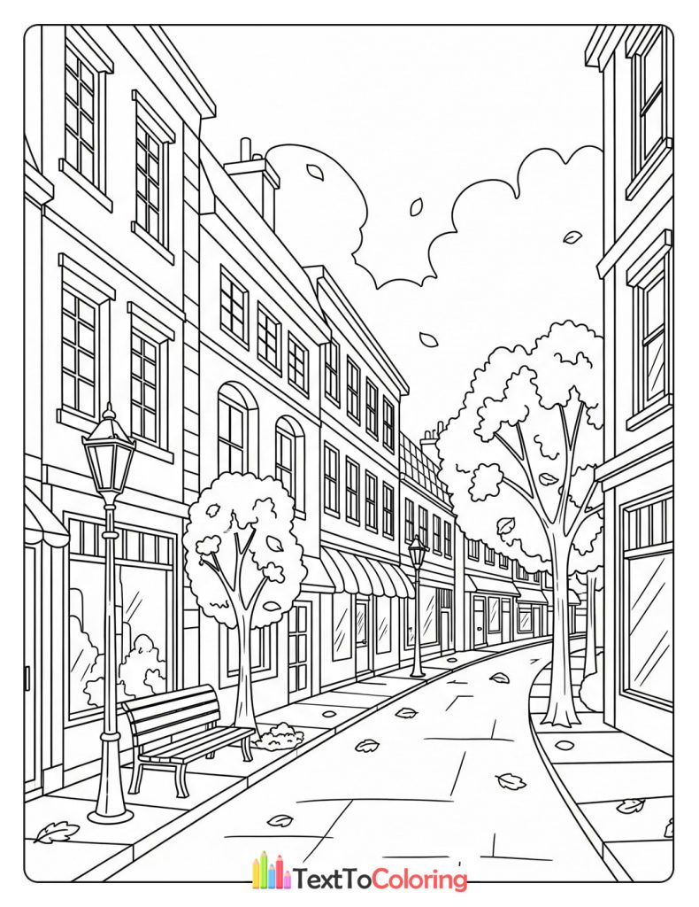 Autumn town street with shops and benches
