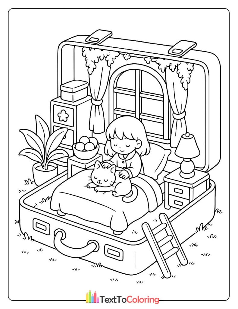 A coloring page of a girl petting a cat while lying on a bed inside a cozy suitcase bedroom.