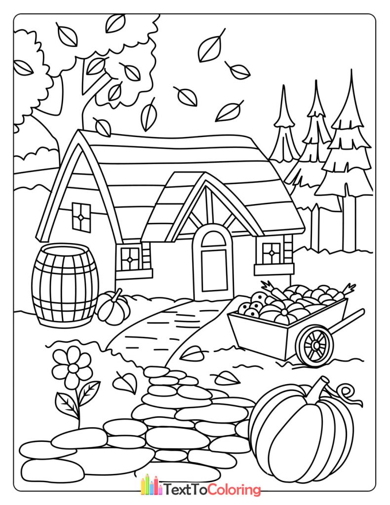 Small country cottage surrounded by trees and falling leaves.