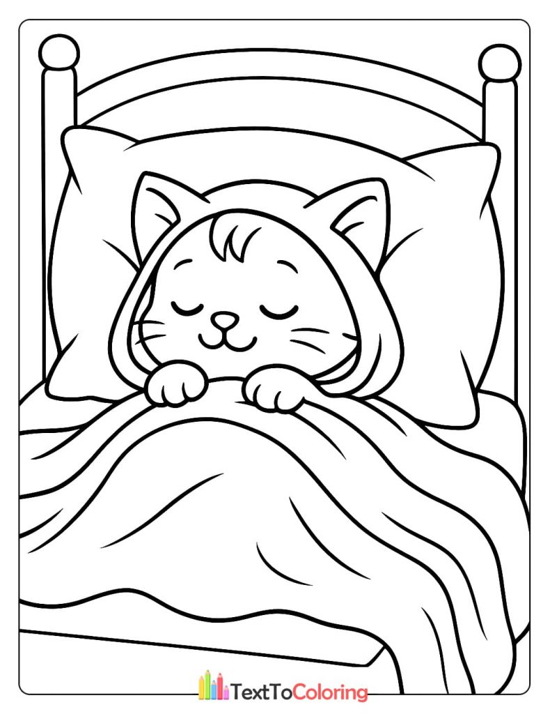A comforting coloring page of a peaceful kitten with a striped hoodie, sleeping soundly in a cozy bed under a blanket.