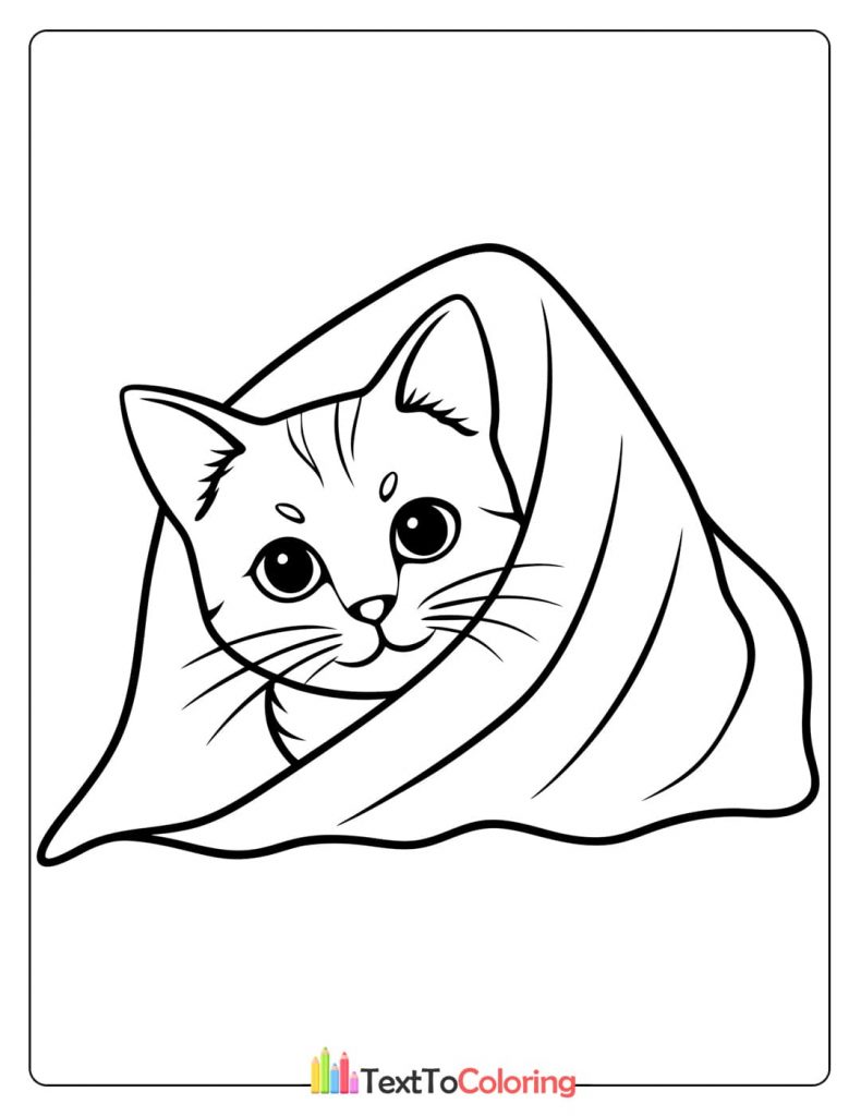 A coloring page of a sweet kitten peeking out from a warm, cozy blanket, ready for you to add color.