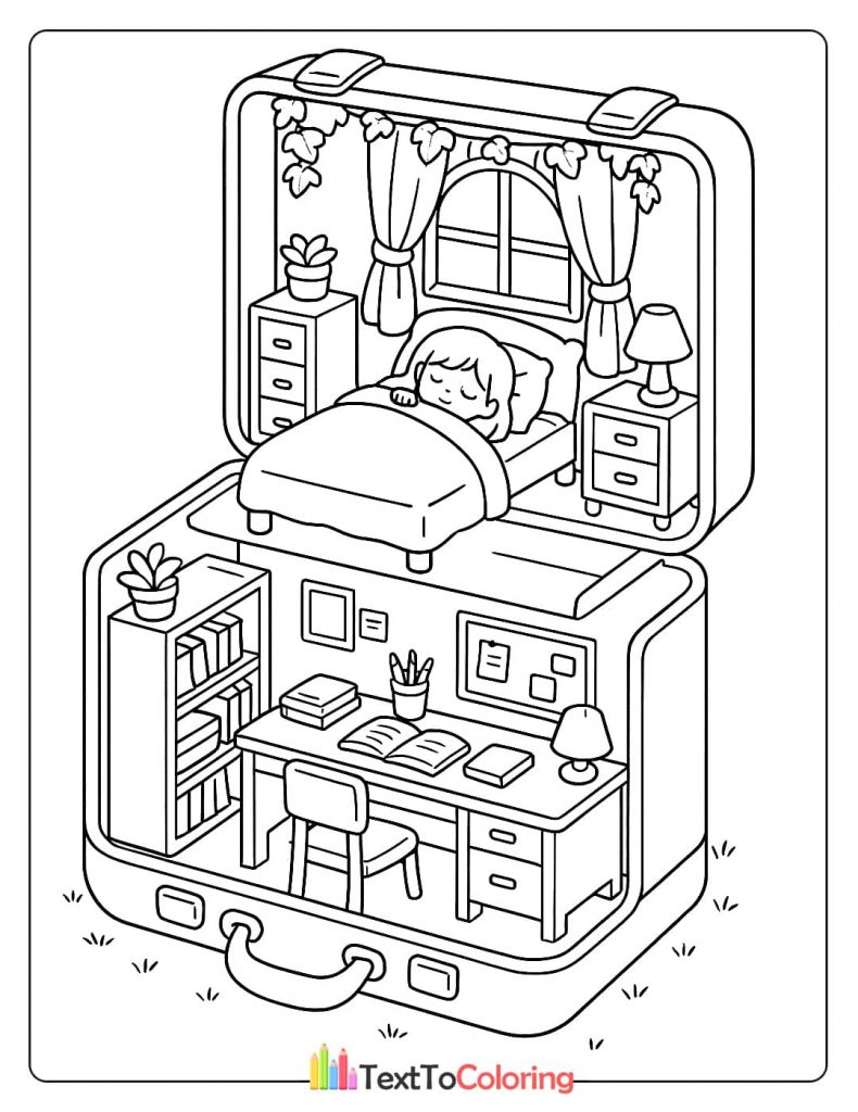 A coloring page of a girl in a miniature room with a bed and desk inside a suitcase.