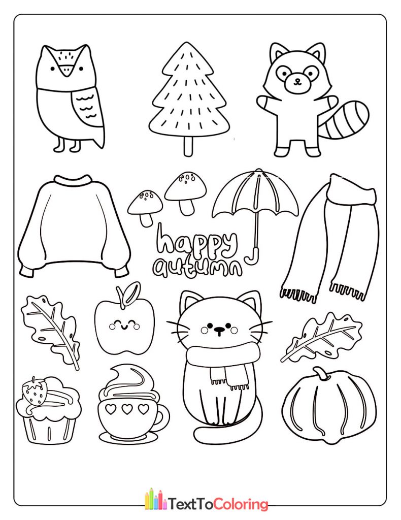 Collection of autumn-themed doodles including animals, sweaters, and pumpkins.