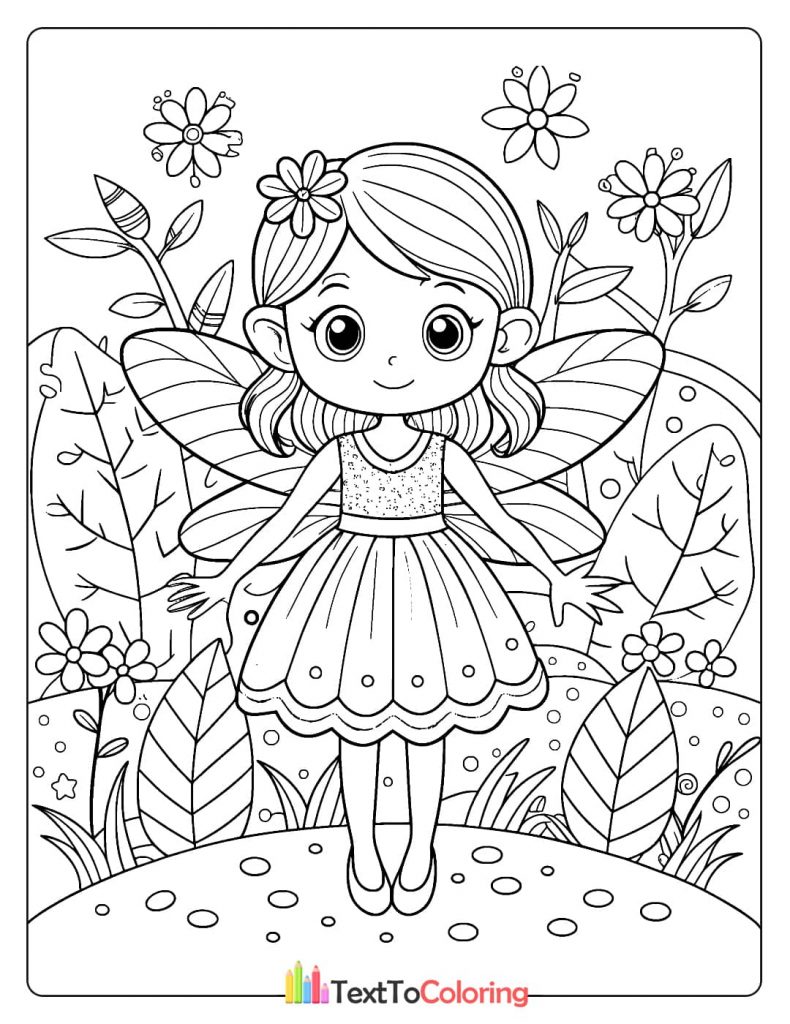 A simple coloring page of a smiling fairy with a flower in her hair, standing in a field of flowers and large leaves.