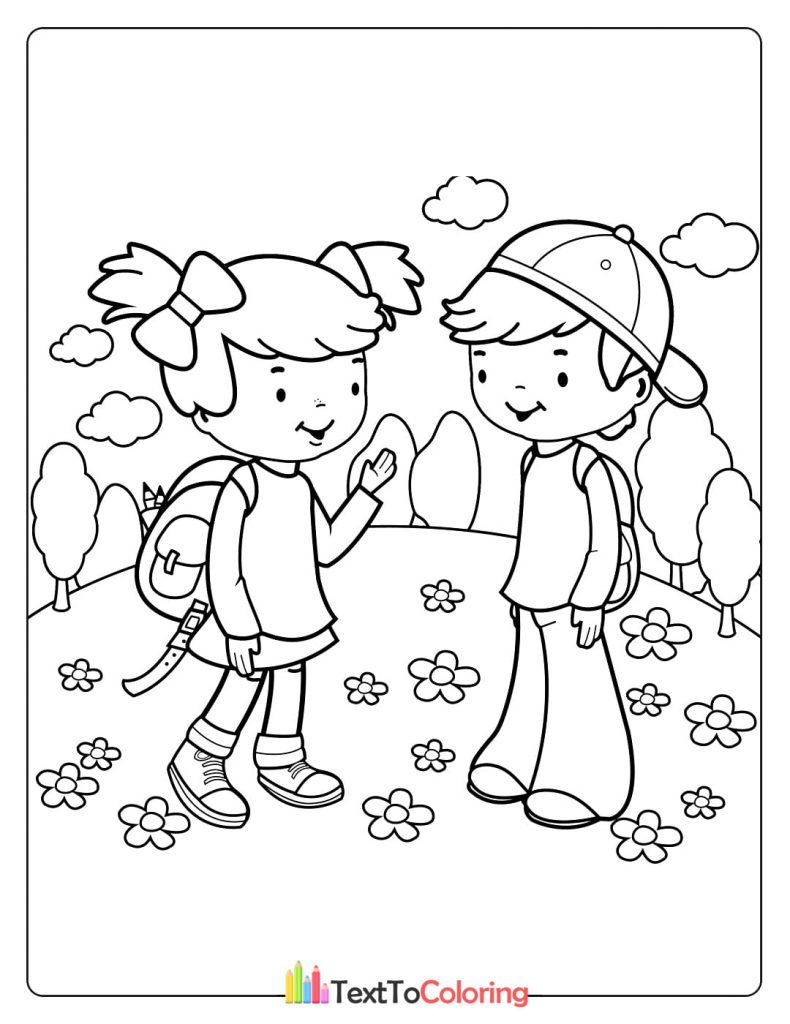 Printable coloring page of two friends walking through a flower-filled path to school.