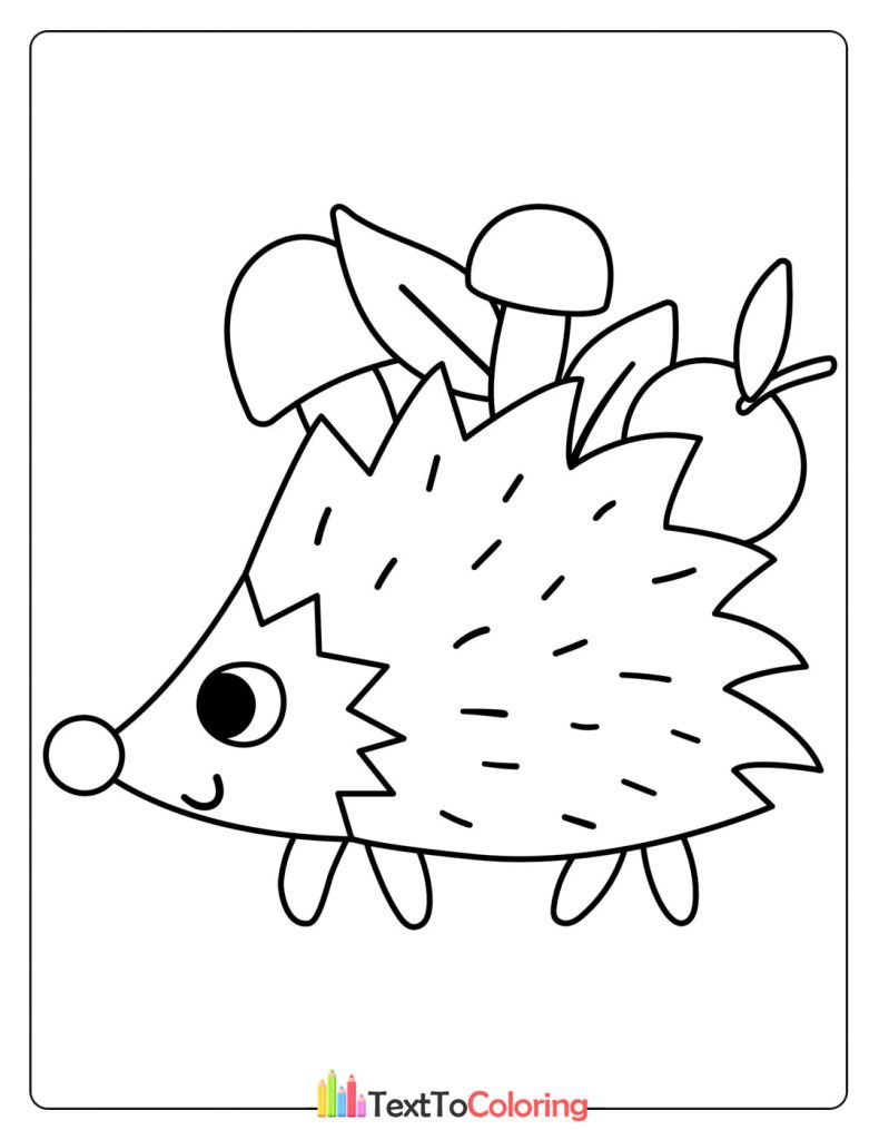 Simple fall coloring sheet with a hedgehog carrying mushrooms.