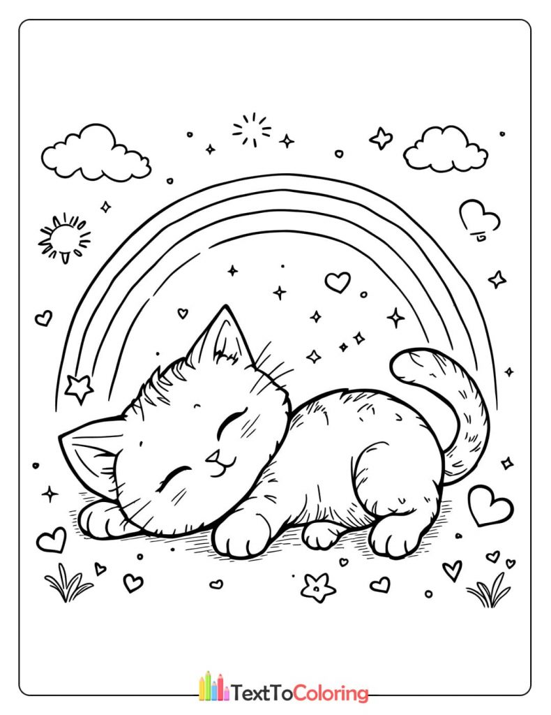 A black and white coloring page of a cute kitten sleeping peacefully under a large rainbow with clouds, hearts, and stars around it.