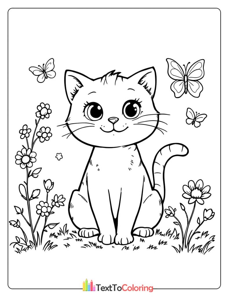 A coloring page of a sweet kitten sitting in a field of flowers and grass, watching butterflies fly around it.