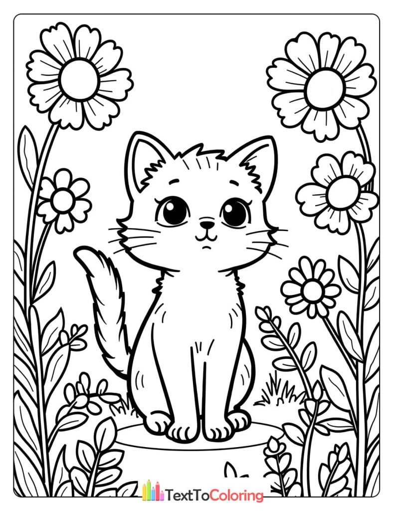 A lovely coloring page of a fluffy kitten sitting in a field of tall, blooming daisies and other flowers.