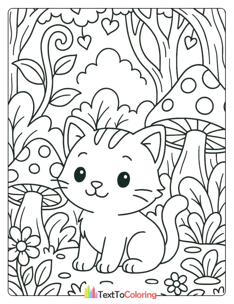 A magical coloring page of a cute kitten sitting in an enchanted forest with large mushrooms and hearts in the background.