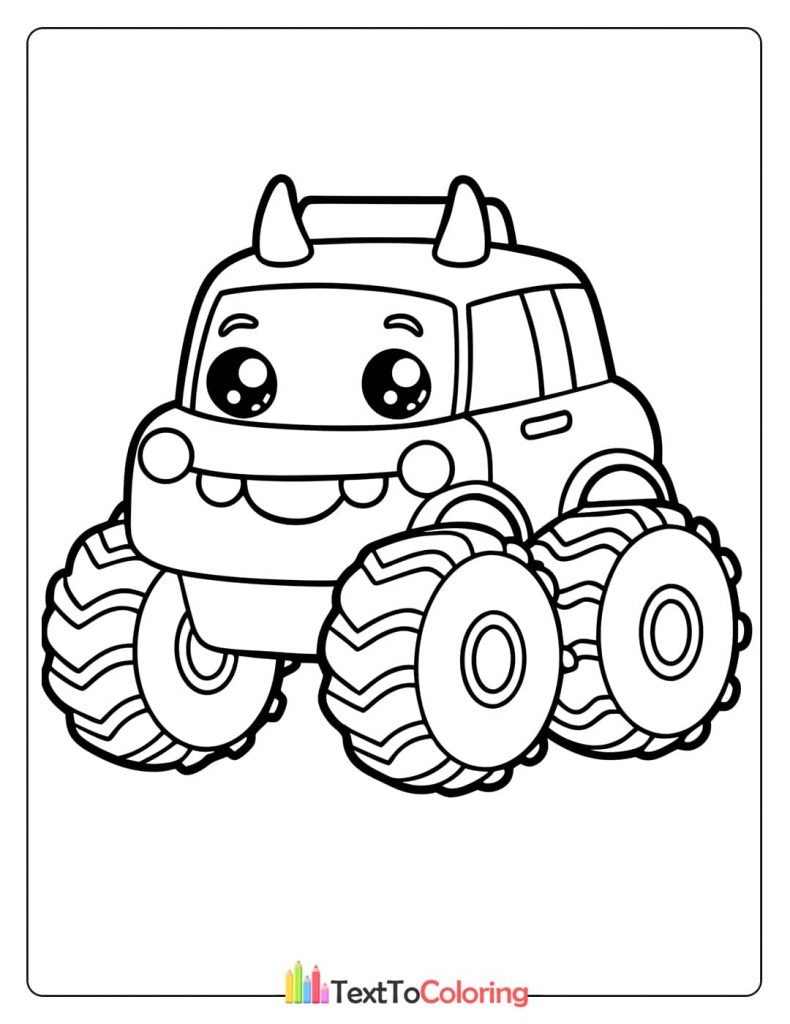 A cute, cartoon monster truck with two small horns on its roof and a friendly smiling face.