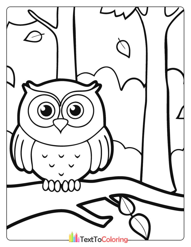 Cartoon owl sitting on a branch with a few falling leaves.