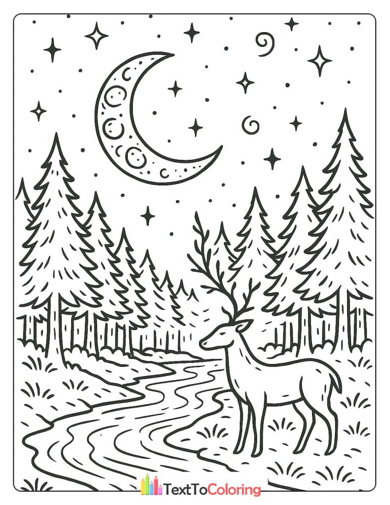 A serene coloring page of a stag standing by a winding river in a pine forest. A large crescent moon and stars hang in the sky, creating a peaceful night scene.