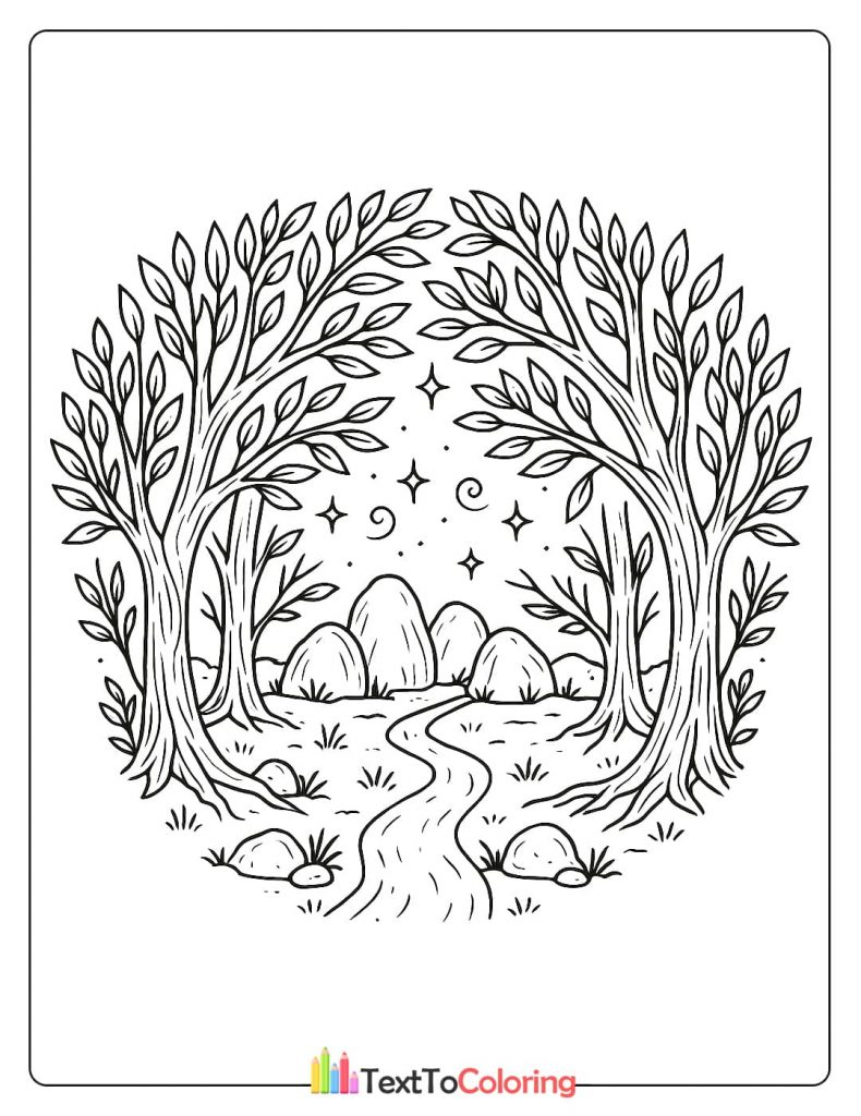 A black and white coloring page showing a magical forest scene with two large trees forming a natural archway. A winding path leads through the trees and past large rocks, all within a circular frame.