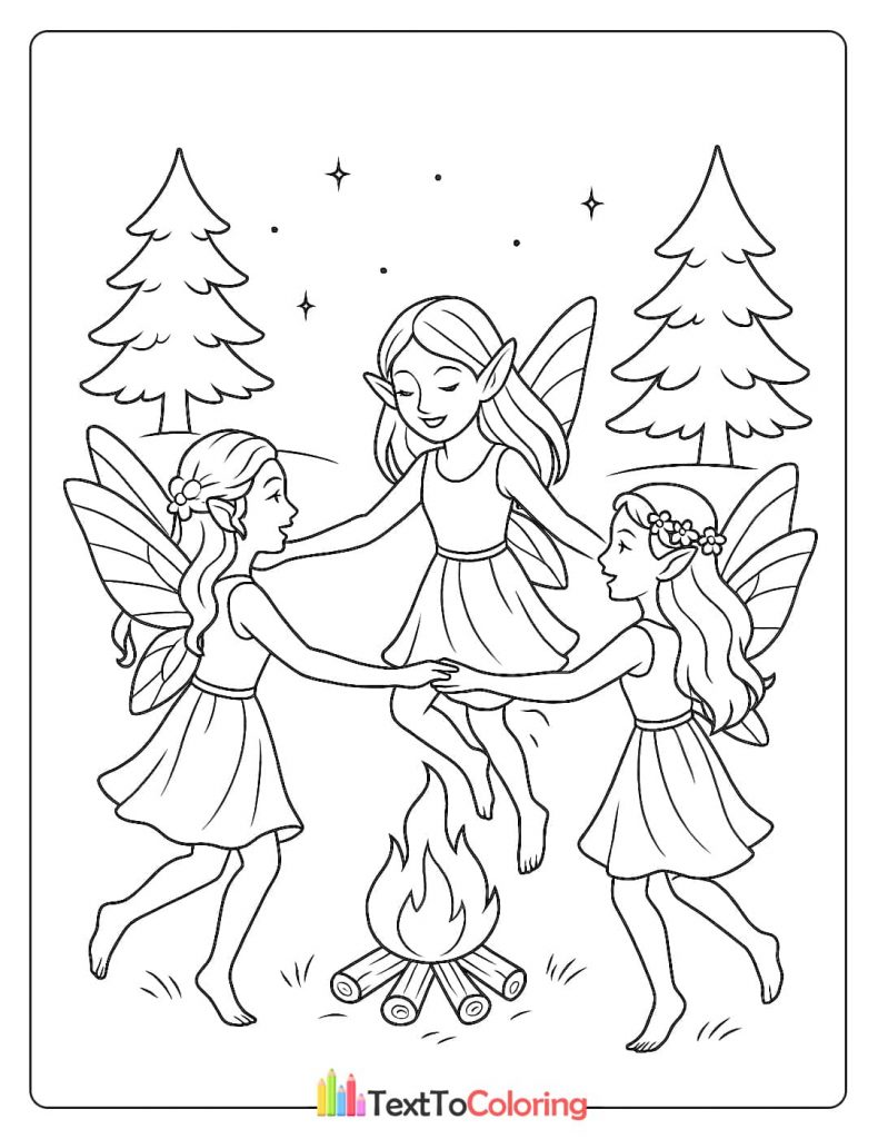 A fun coloring page of three fairies holding hands and dancing around a small campfire in a clearing with trees.