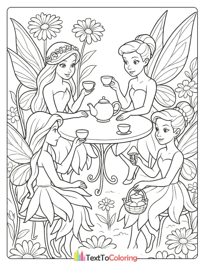 A charming coloring page of four fairies sitting around a table having a tea party in a garden filled with flowers.