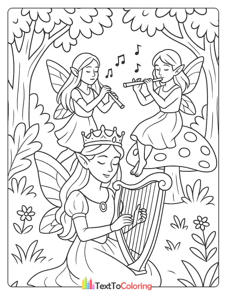 A musical coloring page of three fairies in a forest, with one playing a harp and two others playing flutes.
