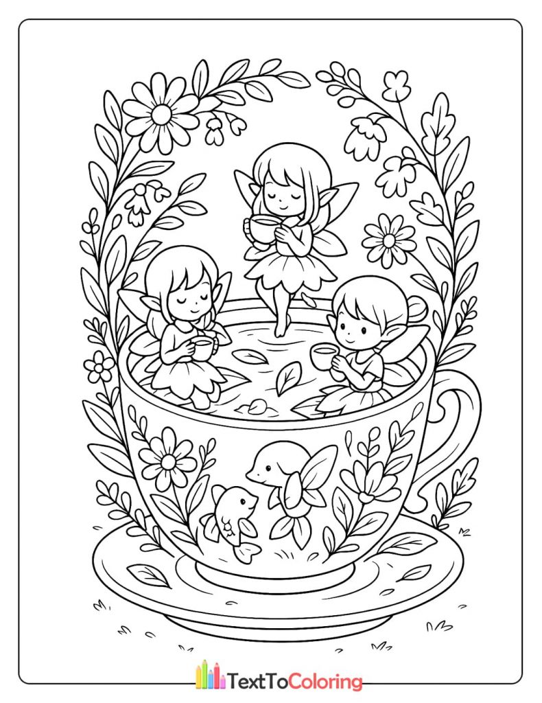 A coloring page of three fairies having a tea party inside a giant teacup.
