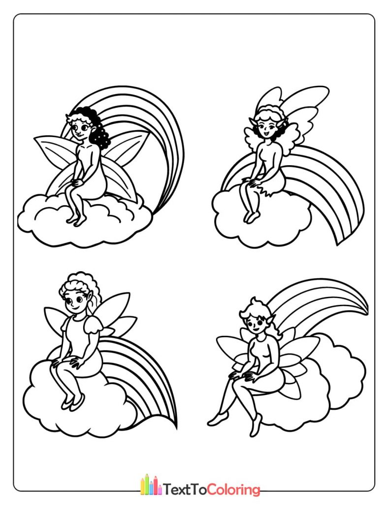 A group coloring page showing four different fairies, each sitting on a fluffy cloud with a rainbow behind them.