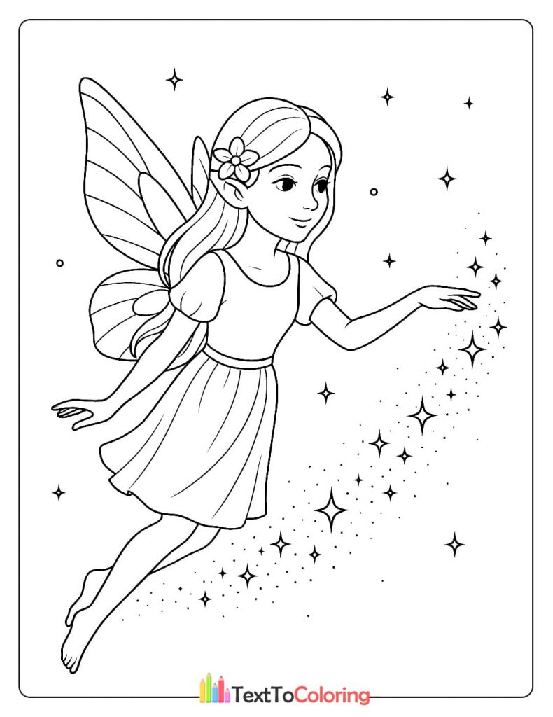 A whimsical coloring page of a smiling fairy flying and creating a sparkling trail of stars and magic with her hand.