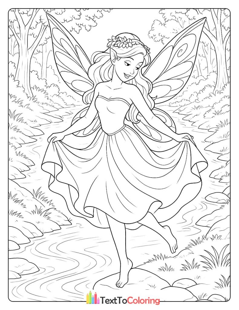 A charming coloring page of a fairy with a flower crown, dancing barefoot on a rock in a forest stream.