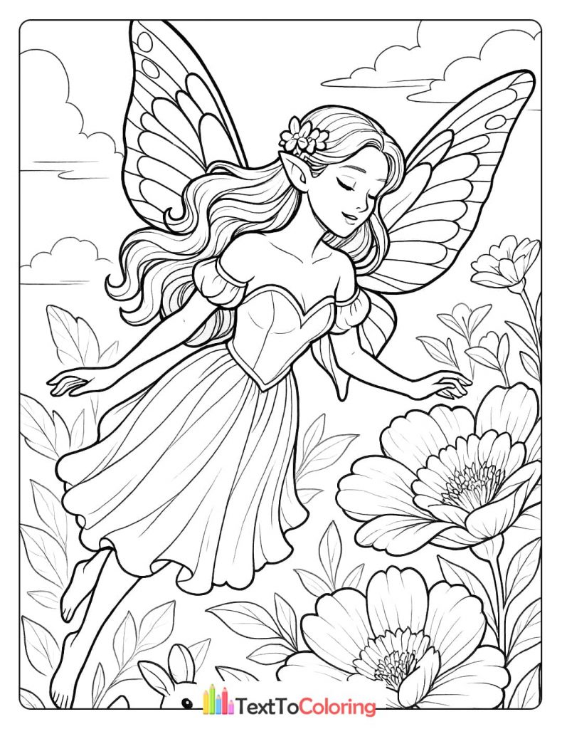 A beautiful coloring page of a serene fairy with long, wavy hair, flying over a field of large flowers.