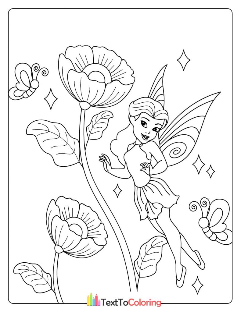 A dynamic coloring page of a fairy with a tall hat and pointed ears, flying between two large flowers.