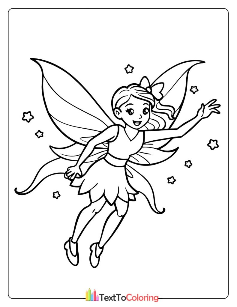A dynamic coloring page of a fairy with a bow in her hair, flying through the air with stars surrounding her.