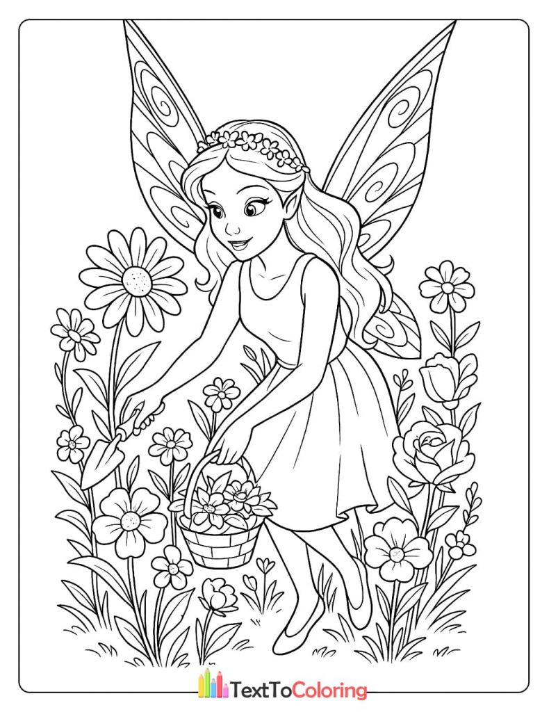 A pleasant coloring page of a fairy with a basket, tending to her garden with a shovel.