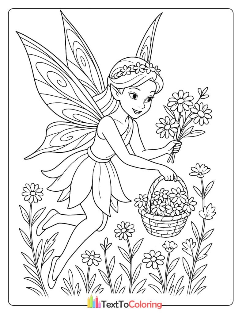 A cheerful coloring page of a fairy with a flower crown, flying and carrying a basket filled with flowers.