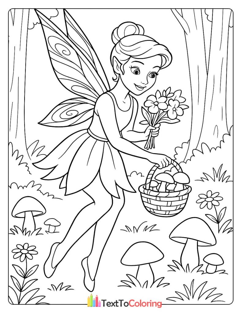A charming coloring page of a fairy with her hair in a bun, carrying a basket of mushrooms in a forest setting.