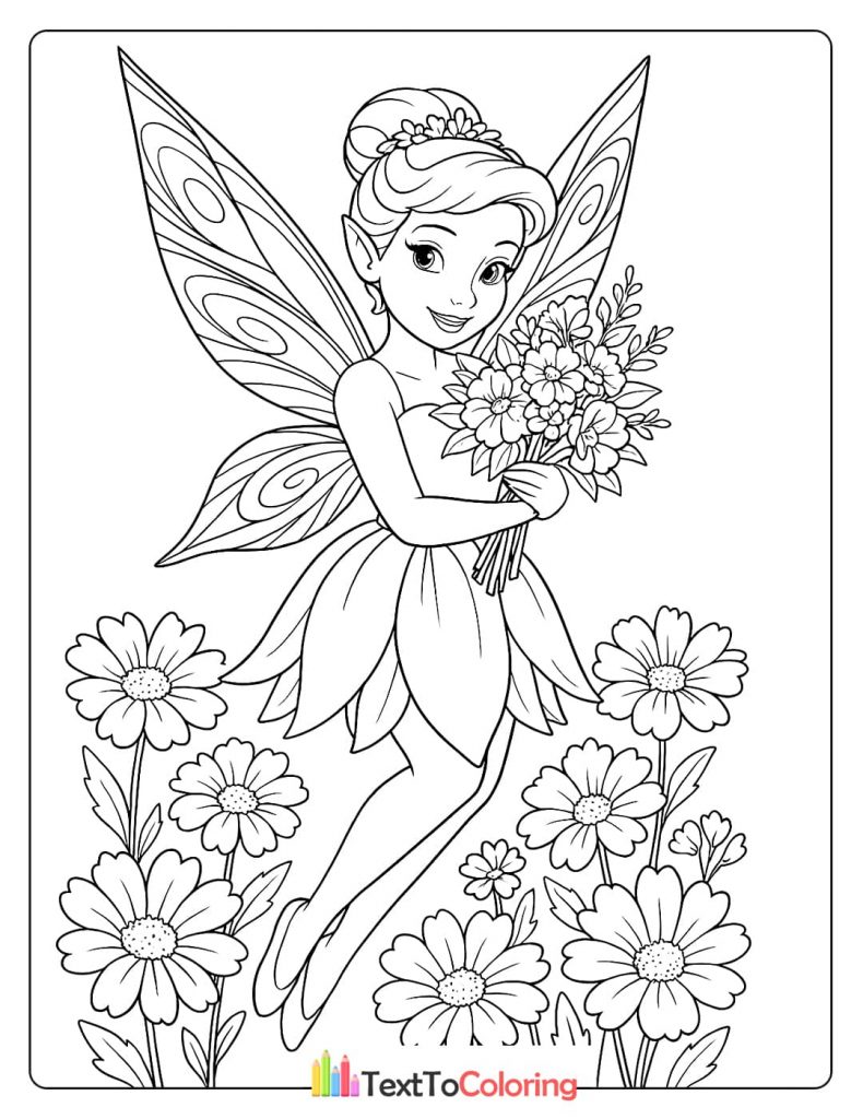A graceful coloring page of a fairy with a bun and a tiara, holding a large bouquet of flowers in a field of daisies.