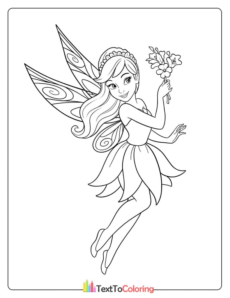 A simple coloring page of a smiling fairy in a ruffled dress, holding a small bunch of flowers.