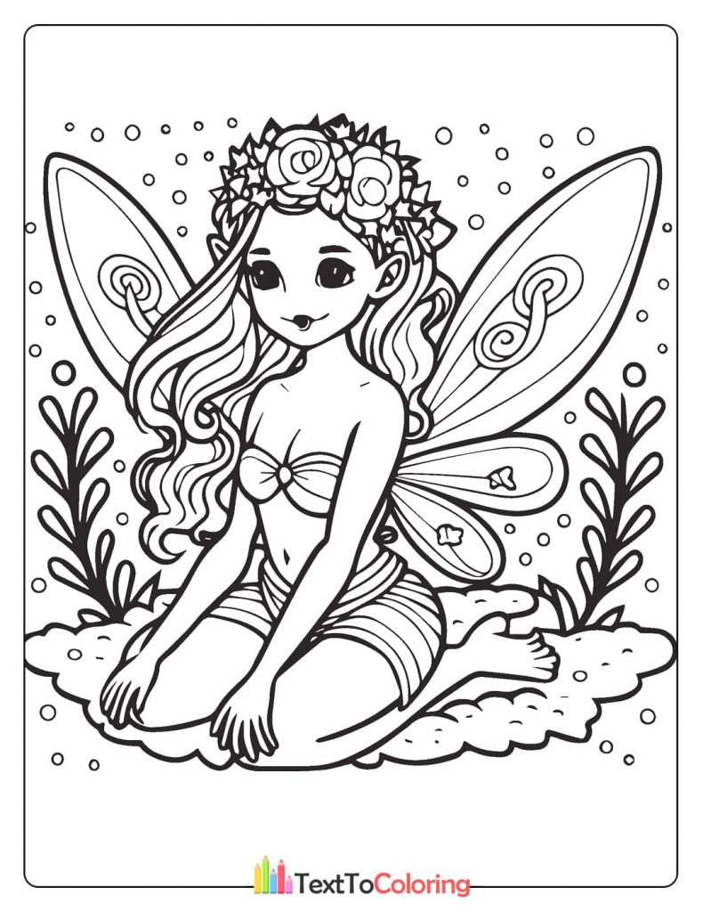 A charming coloring page of a fairy with a rose headband, kneeling on a fluffy cloud.