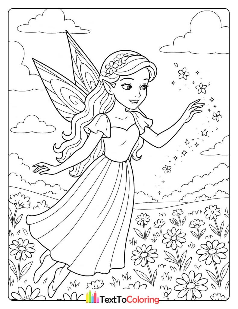A magical coloring page of a fairy in a field of flowers, casting a spell to create sparkling flowers with her hands.