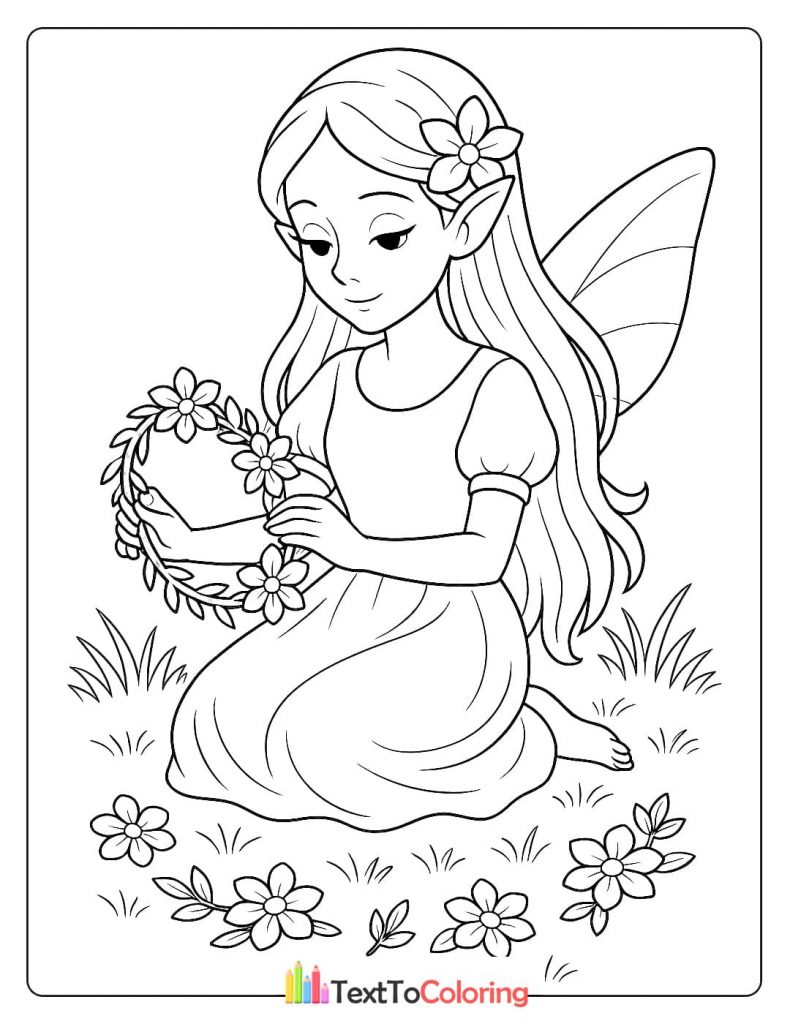 A gentle coloring page of a fairy kneeling in a grassy field, holding a garland of flowers she is making.
