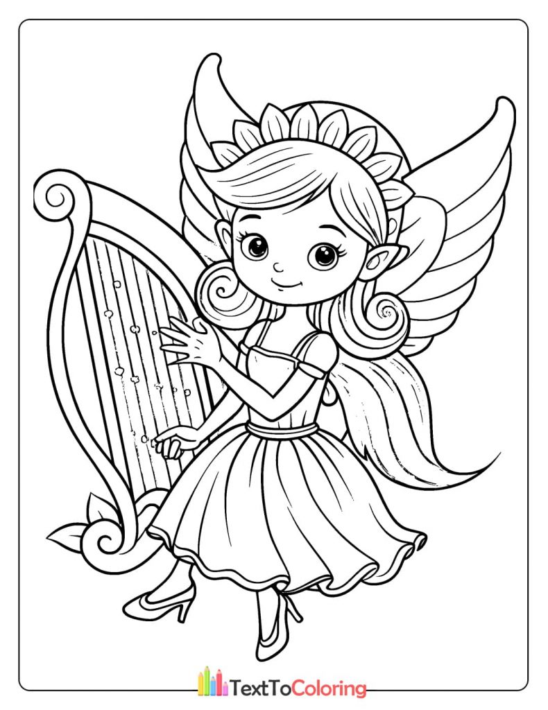 A delightful coloring page of a fairy with a flower crown, playing a large harp with her eyes closed.