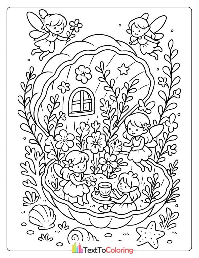 A coloring page of four fairies in a garden with a house inside a giant seashell.