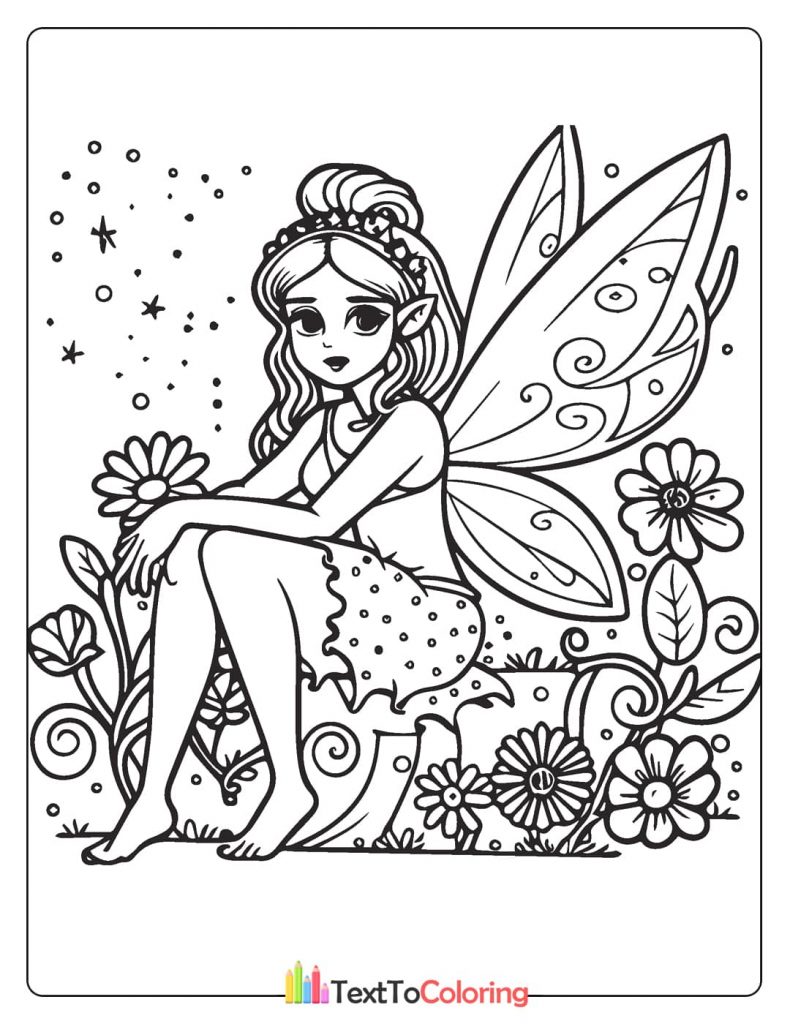 An enchanting coloring page of a barefoot fairy sitting on a mushroom in a field of flowers and swirling leaves.