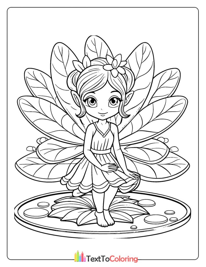 A tranquil coloring page of a fairy with large leaf-like wings, sitting barefoot on a lily pad with her feet in the water.
